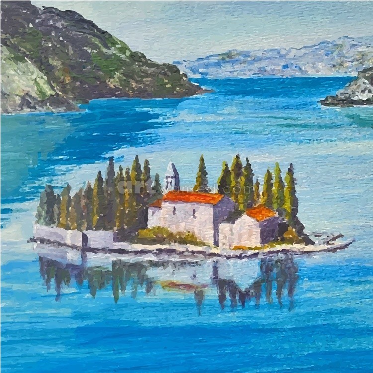 The small island of St. George in Kotor, Montenegro. An oil painting on canvas