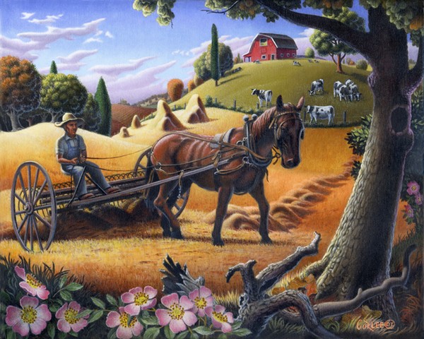 Raking Hay Field Americana Landscape Folk Art