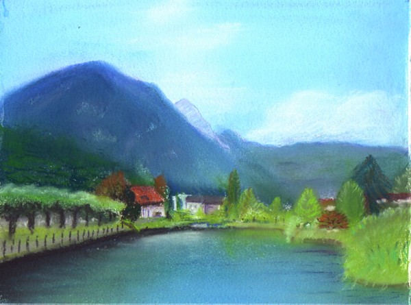 Pastel of lake photograph