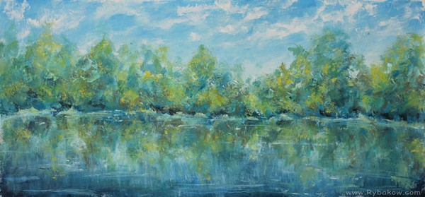 Autumn knife painting Beginning of autumn on river