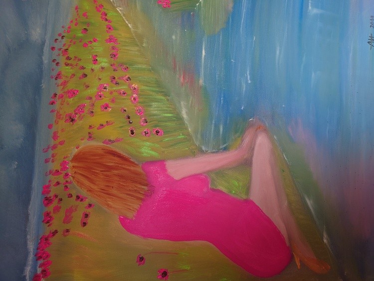 Pink dress gold shoes 