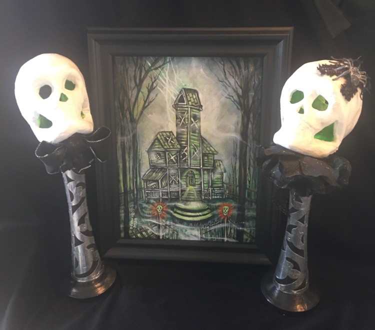 Halloween Haunted House Painting Spooky Creepy Skulls Ghosts E Edwards OOAK