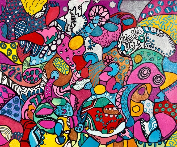 (sold) detailed colorful ROBOT. Linen stretched canvas, acrylic, ready to hang. 46*55*2cm. 2020