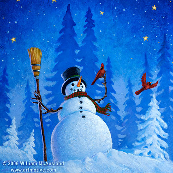 Snowman with two cardinals