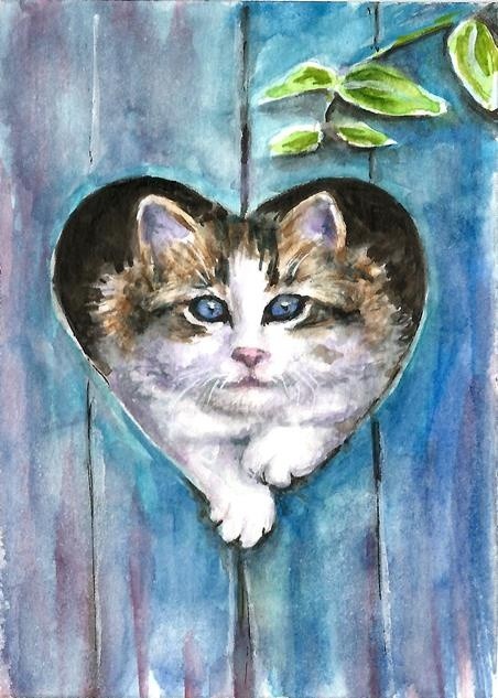 Cat in love watercolor painting