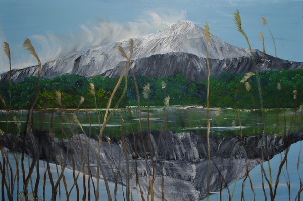 Reflection Seen on Lake Kawaguchi through wild gra