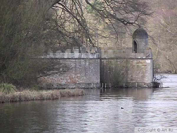 Newstead Abbey . Battlements across the Lake