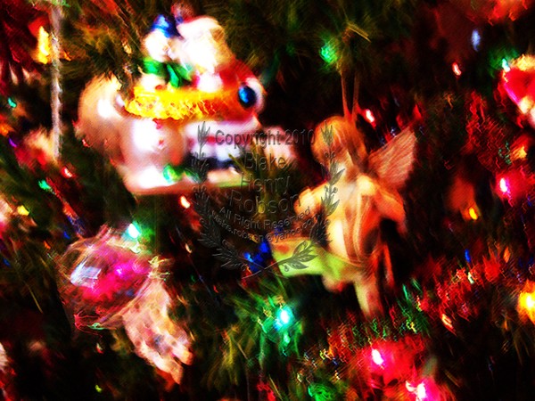 Christmas tree, ornaments, tinsel & colorful light