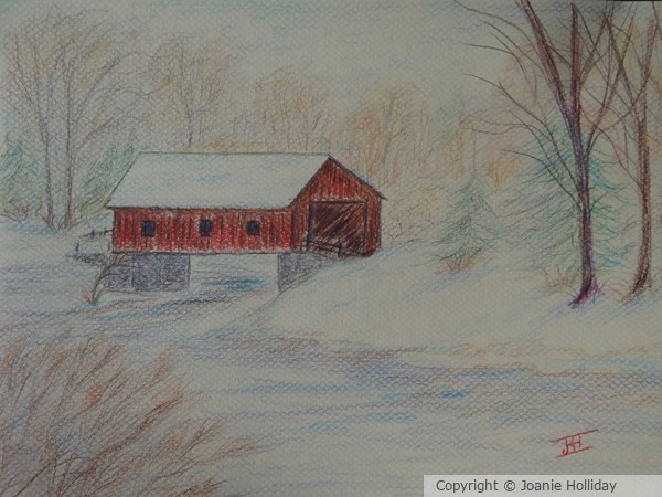 COVERED BRIDGE, COLORED PENCIL ON PASTEL PAPER