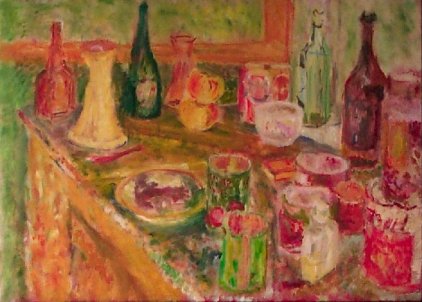 Cups and saucers among bottles