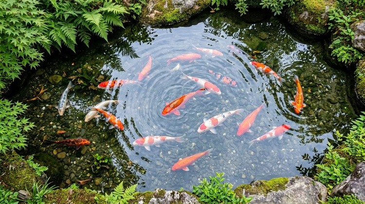 Graceful and vibrant koi fish elegantly swim together in a clear, tranquil Japanese garden pond