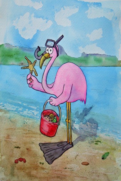Pink Flamingo Collecting Shells At Beach