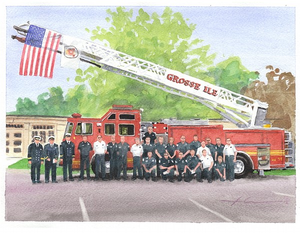 fire company watercolor painting theuer