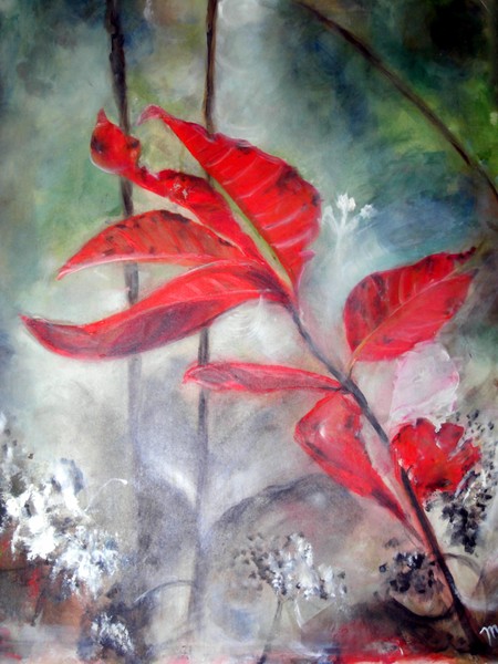 Red Leaves in Morning Mist