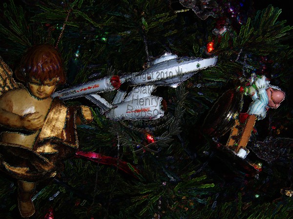 Christmas tree, ornaments, tinsel & colorful light