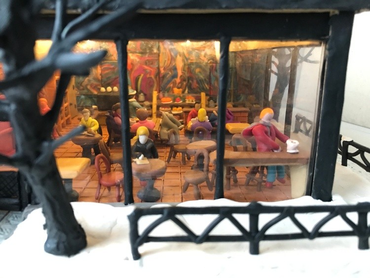 Cafe in winter, plasticine, cardboard, 35x25x14 cm