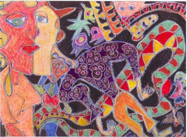 Circling lovers:  rewind../.drawing. ink, pencils, acrylic on 11x14in paper..(c) 2003 elton houck