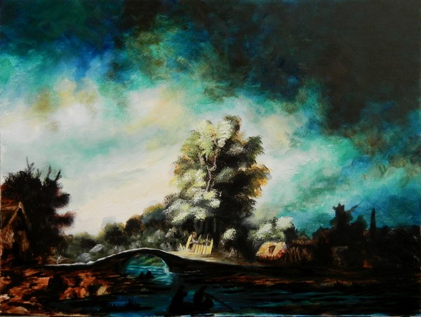 Rembrandt - landscape with bridge (free copy)