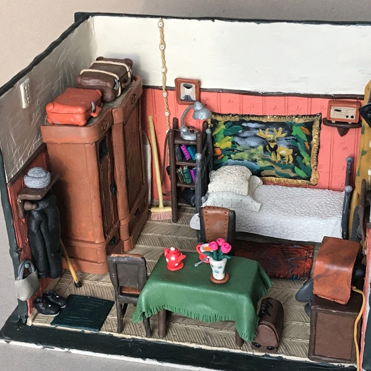 Grandma's Room, plasticine, cardboard, 25x17.5x15 cm