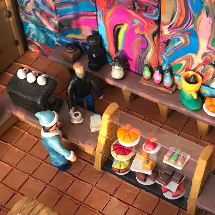 Cafe in winter, plasticine, cardboard, 35x25x14 cm