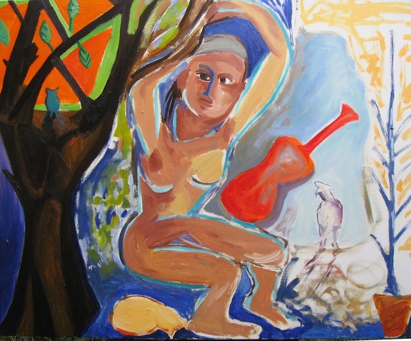 woman with red guitar