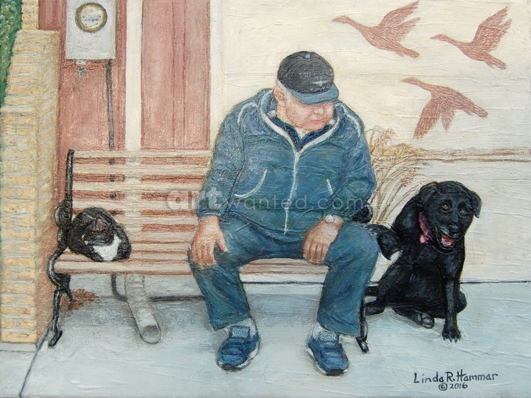 Father and His Pet Dog and Cat Painting