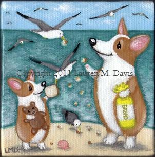 Pembroke Welsh Corgi Dog Seagull Art 4x4 Painting