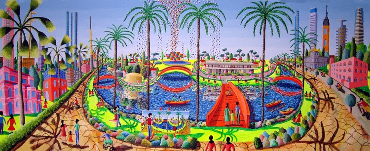 naive art paintings urban landscape paintings folk primitive artist painter raphael perez 