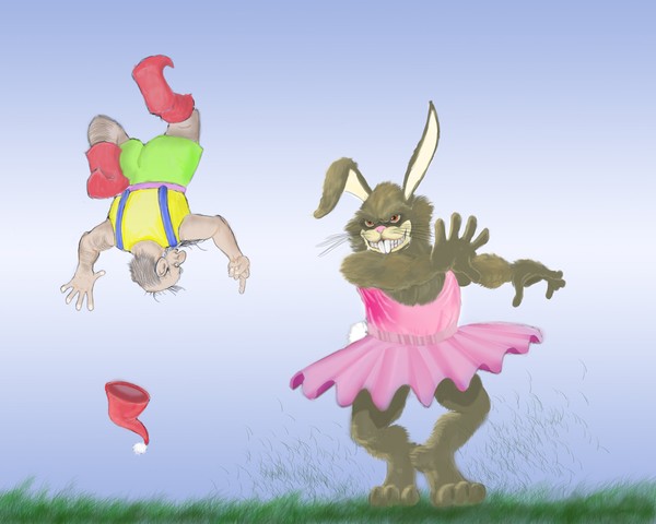Bunny in a tutu,throwing a gnome..
