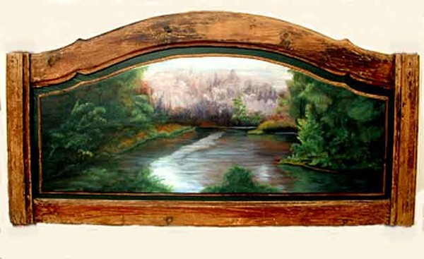 River scene on headboard for a bed.
