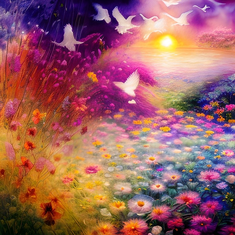 Sunset garden and doves