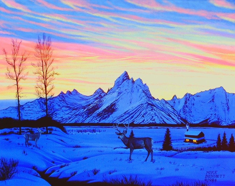 Tetons Sunset in Winter - with Deer