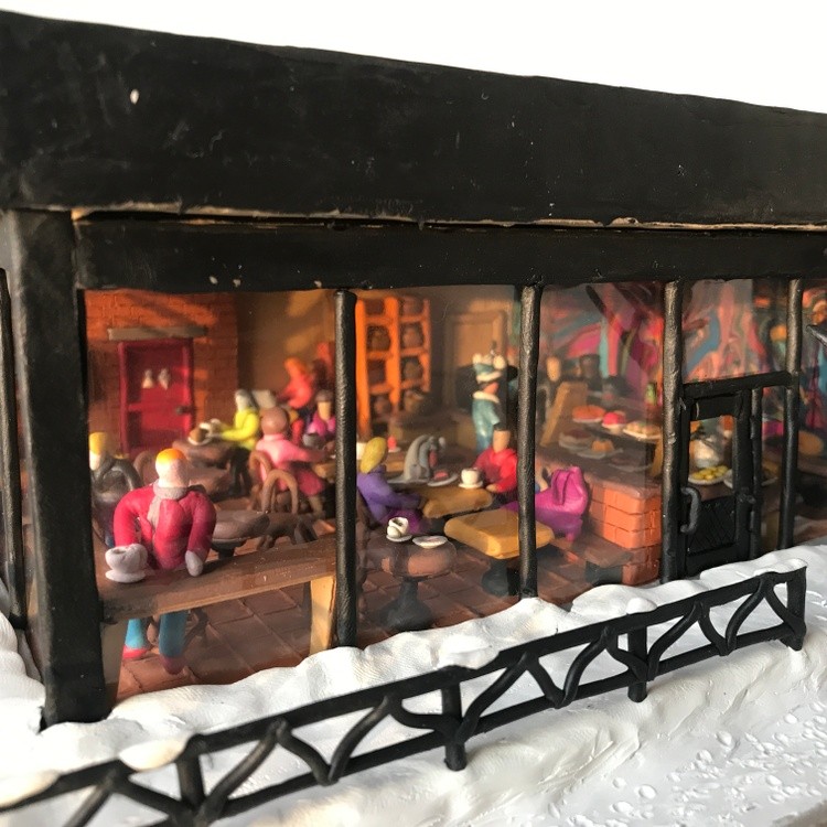 Cafe in winter, plasticine, cardboard, 35x25x14 cm