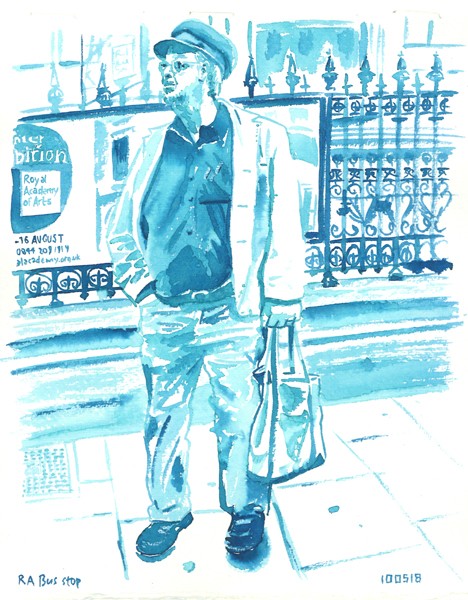 Artist at Royal Academy bus stop, London