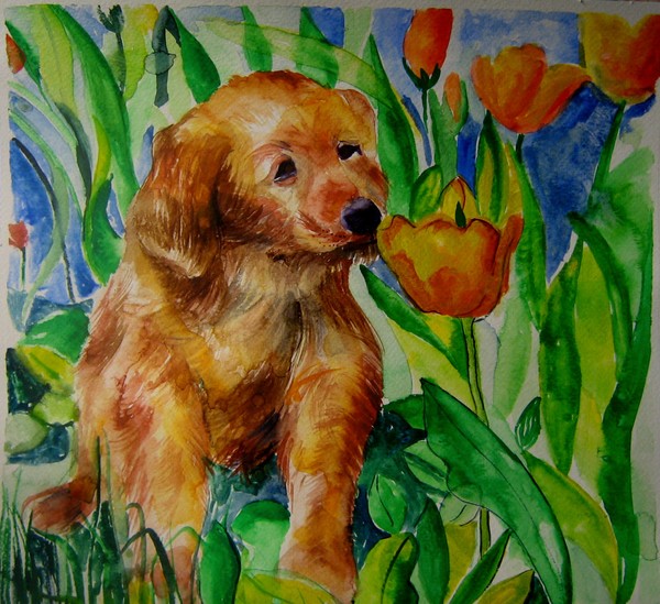 dog smelling flower