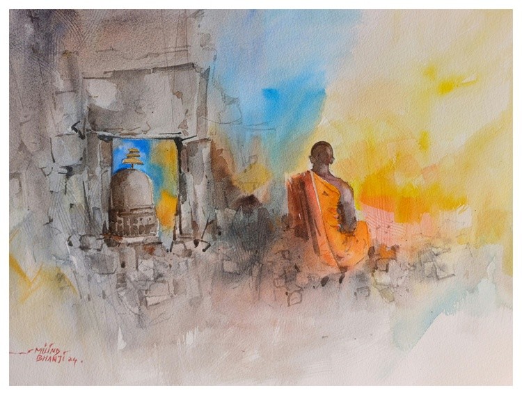 Buddhas Way (Bhaje Cave 21) Milind Bhanji Watercolor 16x12 Inch