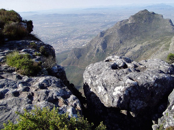 View of Capetown through a Rocky Crevice