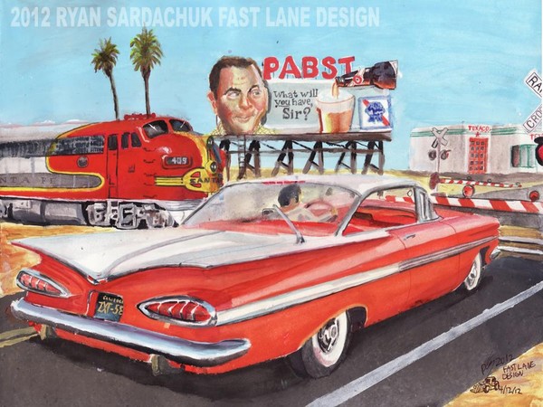 1959 Chevy Impala At Railroad Crossing