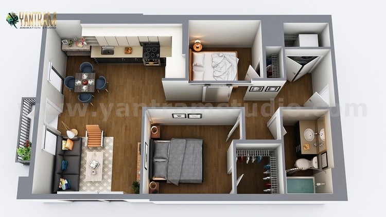 Two Bedroom Residential House 3D Virtual Floor Plan Design by architectural animation services