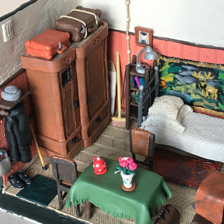 Grandma's Room, plasticine, cardboard, 25x17.5x15 cm
