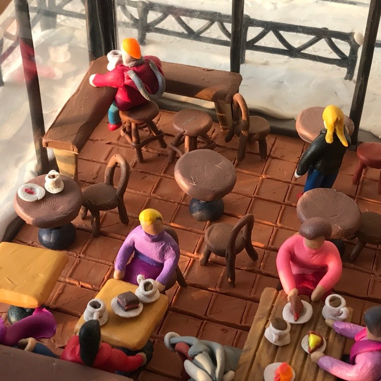 Cafe in winter, plasticine, cardboard, 35x25x14 cm