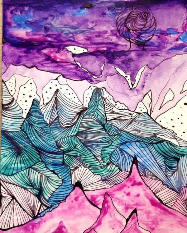 ART acrylic  blaclpen alone path lines loking to the future take me home  dots cracks purple pink wh