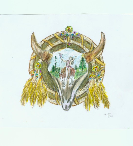 Skull with indian inset