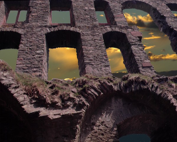 photomontage  German  ruins and  pacific sunset