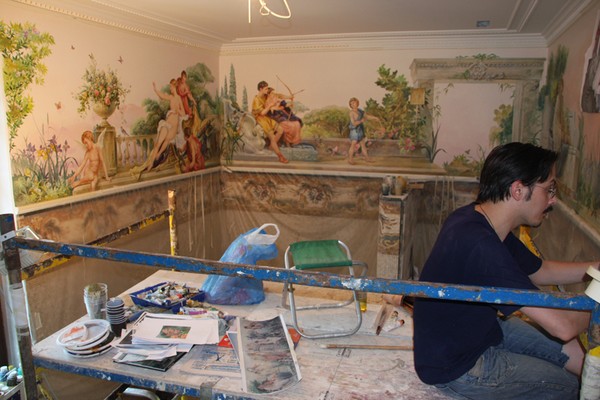 At  the  work. Bathroom mural