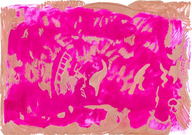 206. Bronze mysterious shapes in magenta abstract forest swimming in the sea. BIG FILE