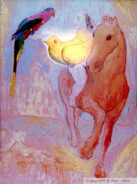 NAKED HORSE RIDER WITH GOLDEN DOVE AND PARROT