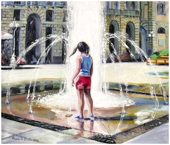 playing with the water of the fountain