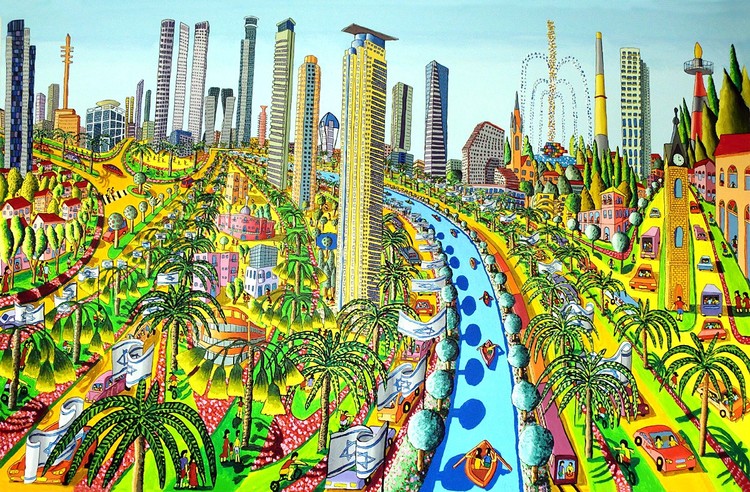 How does Raphael  Perez  the israeli painter depict architecture in his naive paintings
