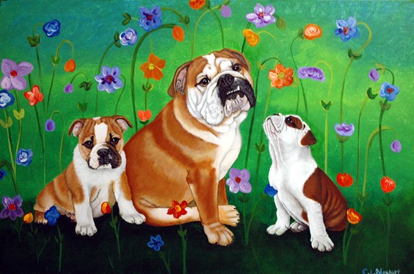Bulldog Family with Flowers